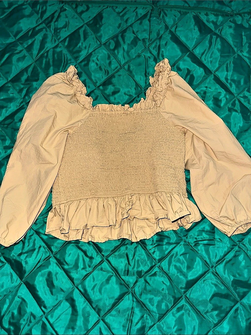 The Drop Marisol Long-Sleeve Ruffle Smocked Top Tan Large